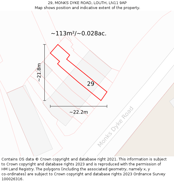 29, MONKS DYKE ROAD, LOUTH, LN11 9AP: Plot and title map