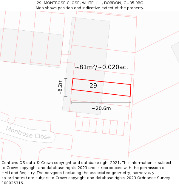 29, MONTROSE CLOSE, WHITEHILL, BORDON, GU35 9RG: Plot and title map