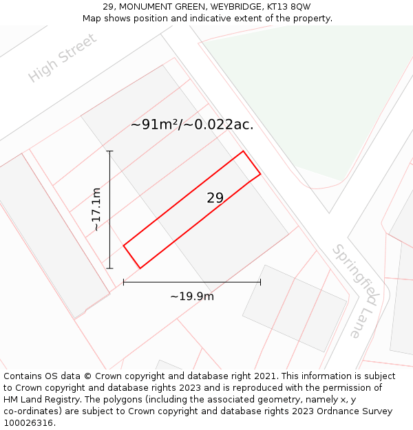 29, MONUMENT GREEN, WEYBRIDGE, KT13 8QW: Plot and title map