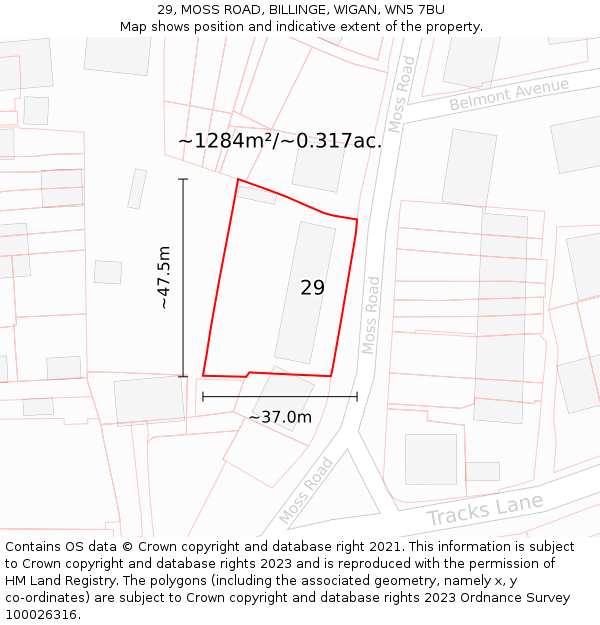 29, MOSS ROAD, BILLINGE, WIGAN, WN5 7BU: Plot and title map