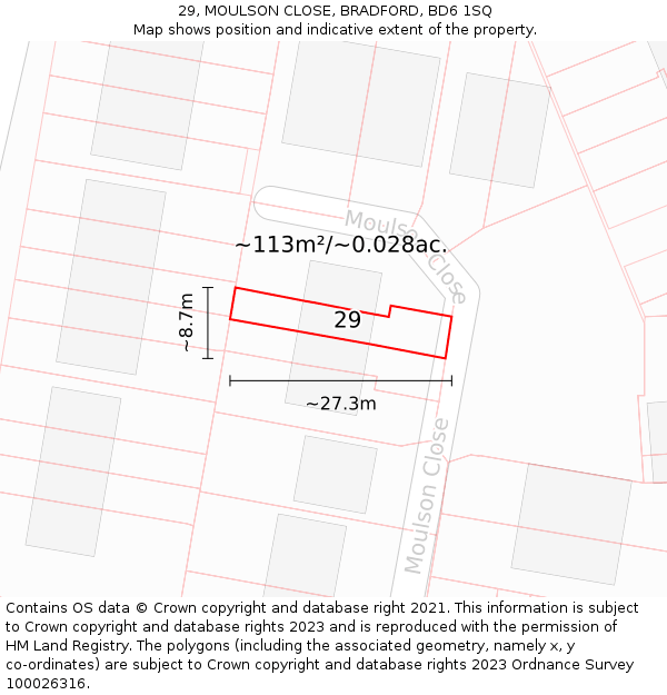 29, MOULSON CLOSE, BRADFORD, BD6 1SQ: Plot and title map