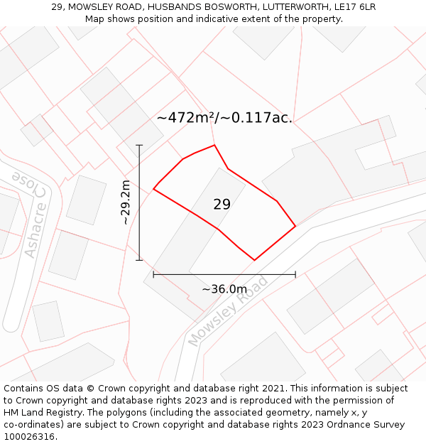 29, MOWSLEY ROAD, HUSBANDS BOSWORTH, LUTTERWORTH, LE17 6LR: Plot and title map
