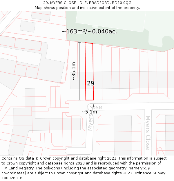 29, MYERS CLOSE, IDLE, BRADFORD, BD10 9QG: Plot and title map