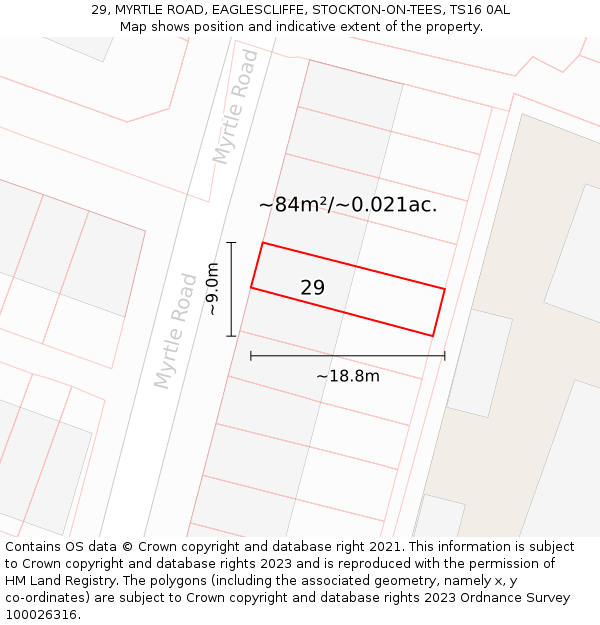 29, MYRTLE ROAD, EAGLESCLIFFE, STOCKTON-ON-TEES, TS16 0AL: Plot and title map
