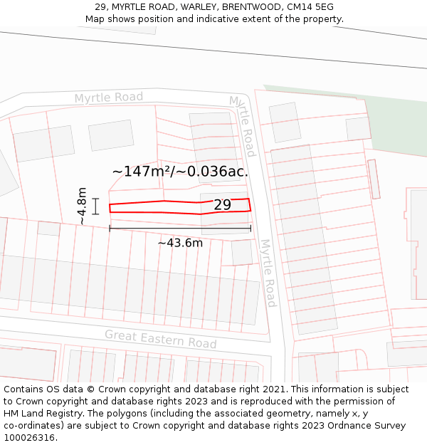 29, MYRTLE ROAD, WARLEY, BRENTWOOD, CM14 5EG: Plot and title map