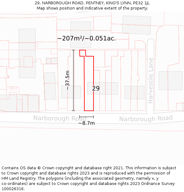 29, NARBOROUGH ROAD, PENTNEY, KING'S LYNN, PE32 1JL: Plot and title map