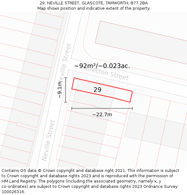 29, NEVILLE STREET, GLASCOTE, TAMWORTH, B77 2BA: Plot and title map