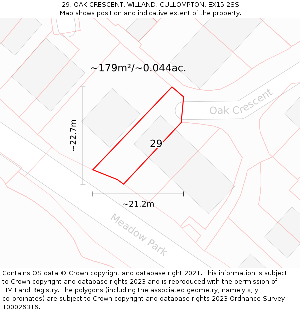 29, OAK CRESCENT, WILLAND, CULLOMPTON, EX15 2SS: Plot and title map