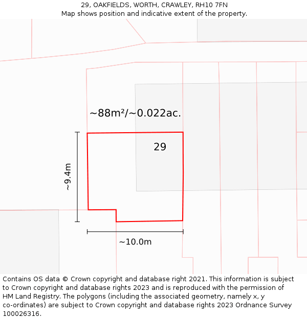 29, OAKFIELDS, WORTH, CRAWLEY, RH10 7FN: Plot and title map