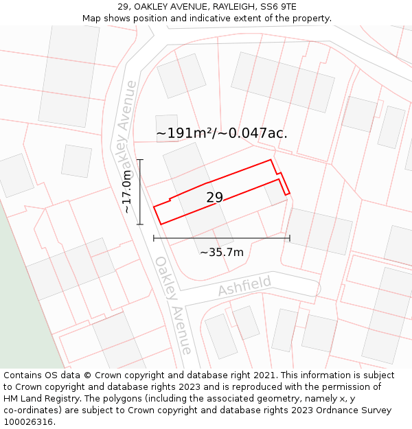 29, OAKLEY AVENUE, RAYLEIGH, SS6 9TE: Plot and title map