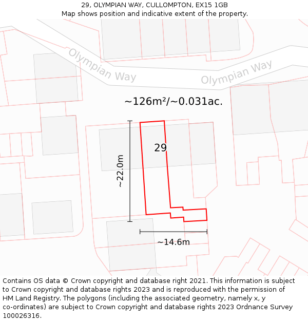 29, OLYMPIAN WAY, CULLOMPTON, EX15 1GB: Plot and title map