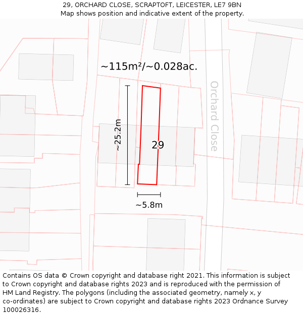 29, ORCHARD CLOSE, SCRAPTOFT, LEICESTER, LE7 9BN: Plot and title map