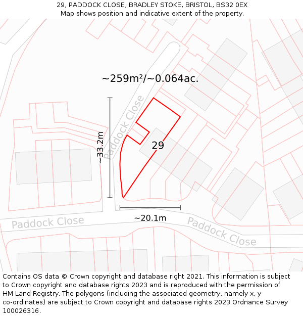 29, PADDOCK CLOSE, BRADLEY STOKE, BRISTOL, BS32 0EX: Plot and title map
