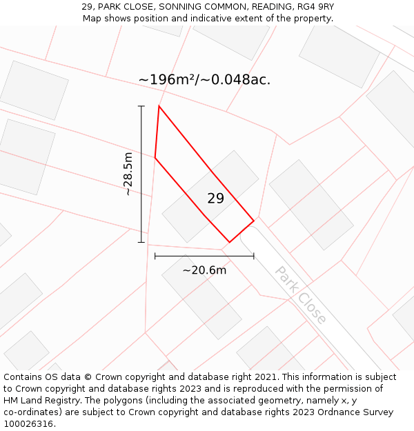 29, PARK CLOSE, SONNING COMMON, READING, RG4 9RY: Plot and title map
