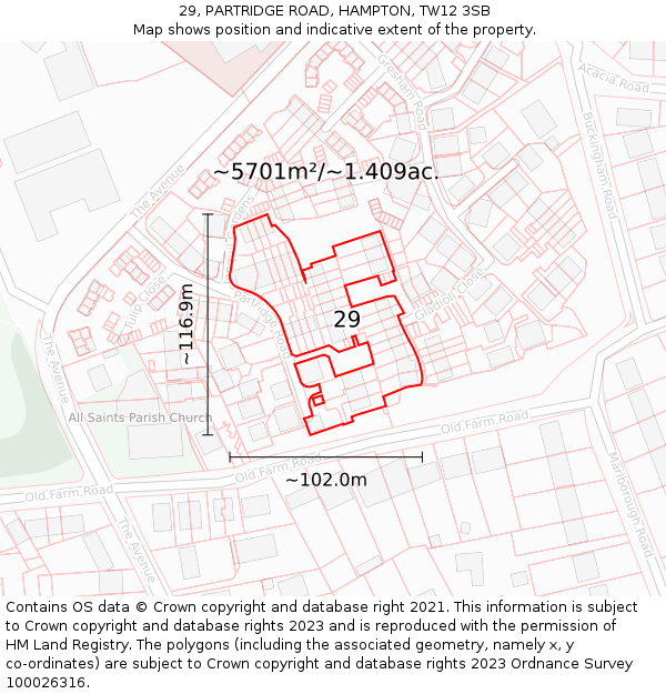 29, PARTRIDGE ROAD, HAMPTON, TW12 3SB: Plot and title map