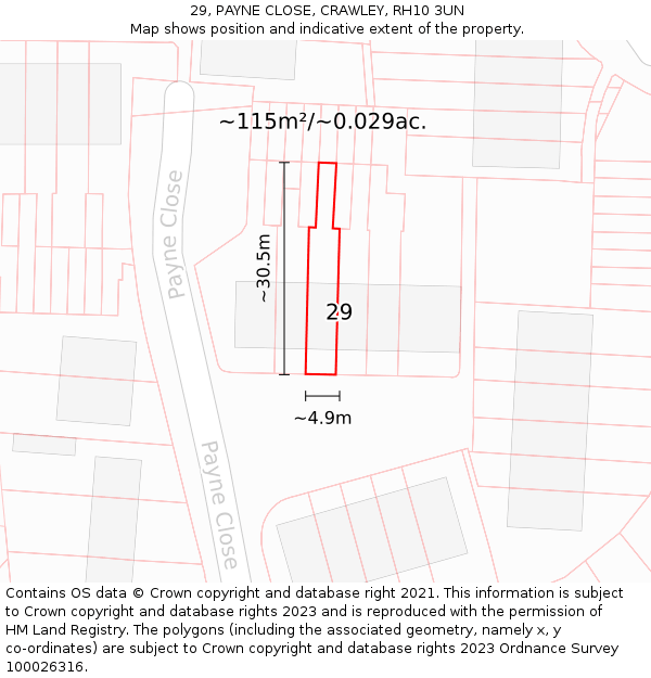 29, PAYNE CLOSE, CRAWLEY, RH10 3UN: Plot and title map