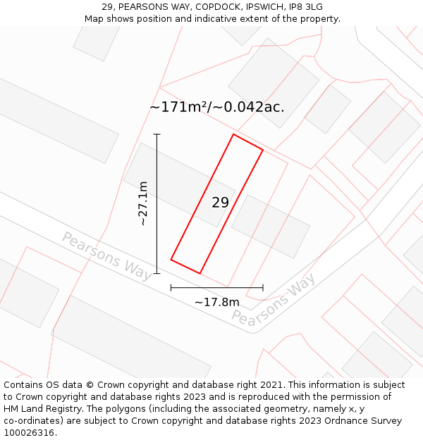 29, PEARSONS WAY, COPDOCK, IPSWICH, IP8 3LG: Plot and title map
