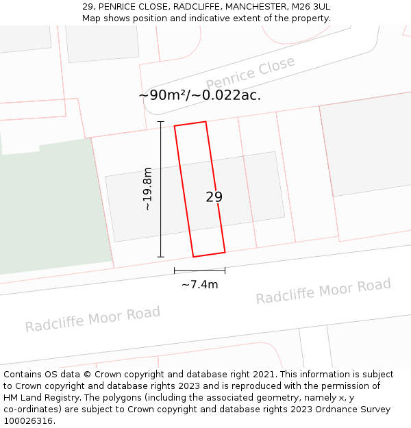 29, PENRICE CLOSE, RADCLIFFE, MANCHESTER, M26 3UL: Plot and title map
