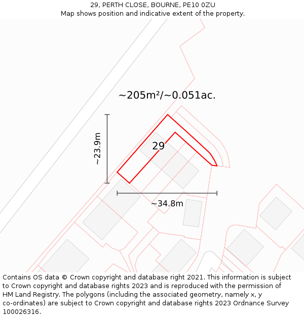 29, PERTH CLOSE, BOURNE, PE10 0ZU: Plot and title map