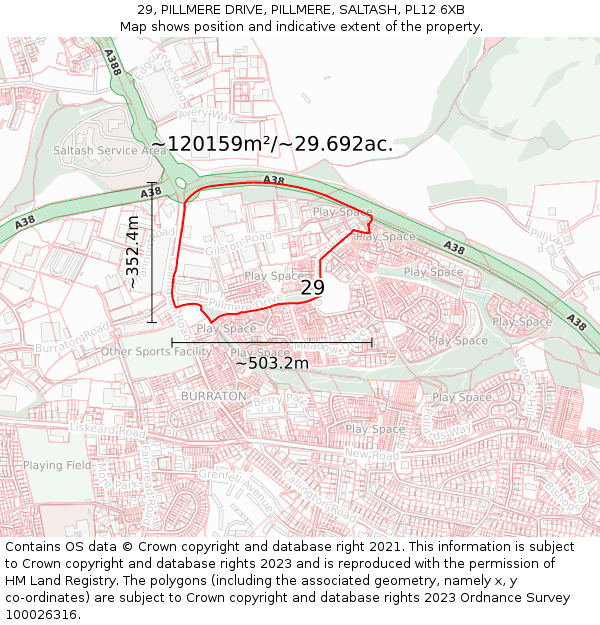 29, PILLMERE DRIVE, PILLMERE, SALTASH, PL12 6XB: Plot and title map
