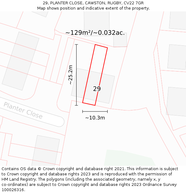 29, PLANTER CLOSE, CAWSTON, RUGBY, CV22 7GR: Plot and title map