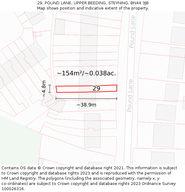 29, POUND LANE, UPPER BEEDING, STEYNING, BN44 3JB: Plot and title map