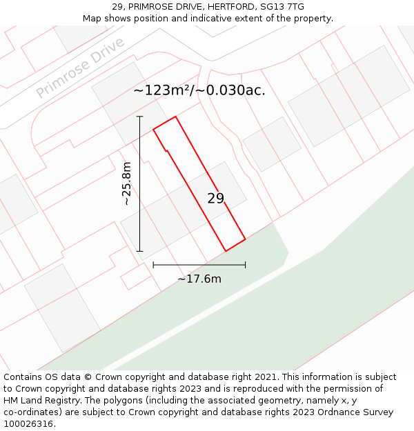 29, PRIMROSE DRIVE, HERTFORD, SG13 7TG: Plot and title map