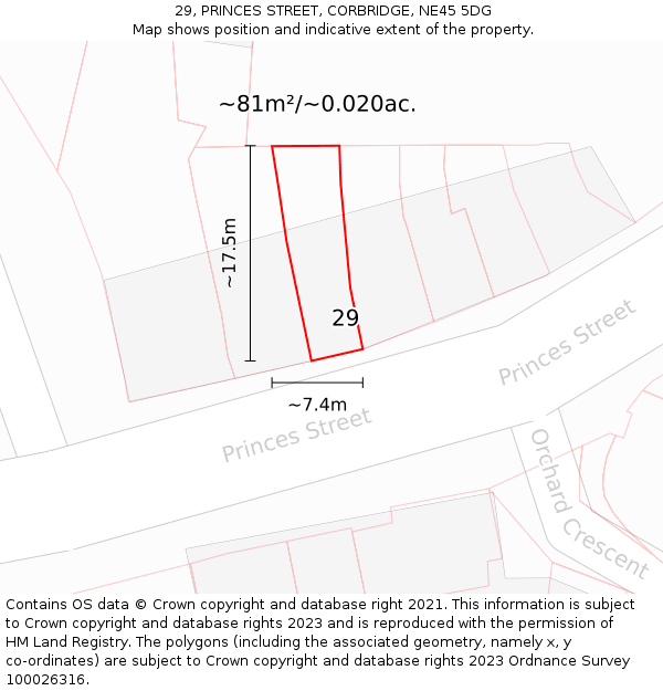 29, PRINCES STREET, CORBRIDGE, NE45 5DG: Plot and title map