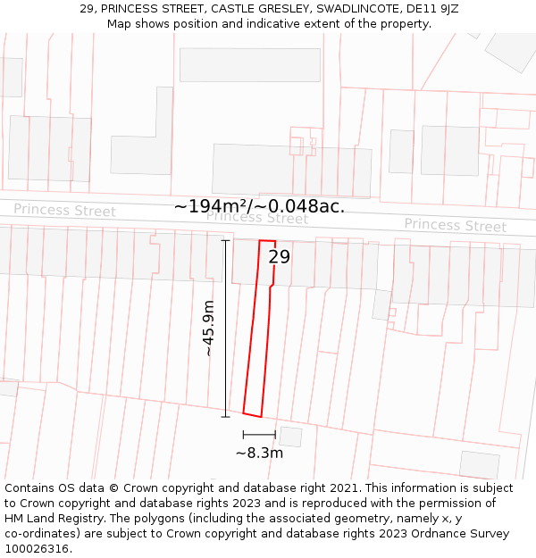 29, PRINCESS STREET, CASTLE GRESLEY, SWADLINCOTE, DE11 9JZ: Plot and title map