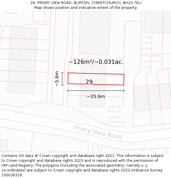 29, PRIORY VIEW ROAD, BURTON, CHRISTCHURCH, BH23 7EU: Plot and title map