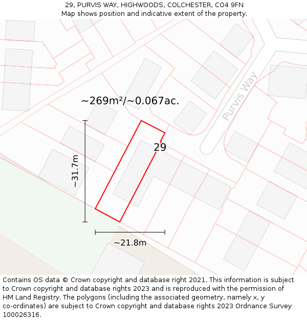 29, PURVIS WAY, HIGHWOODS, COLCHESTER, CO4 9FN: Plot and title map