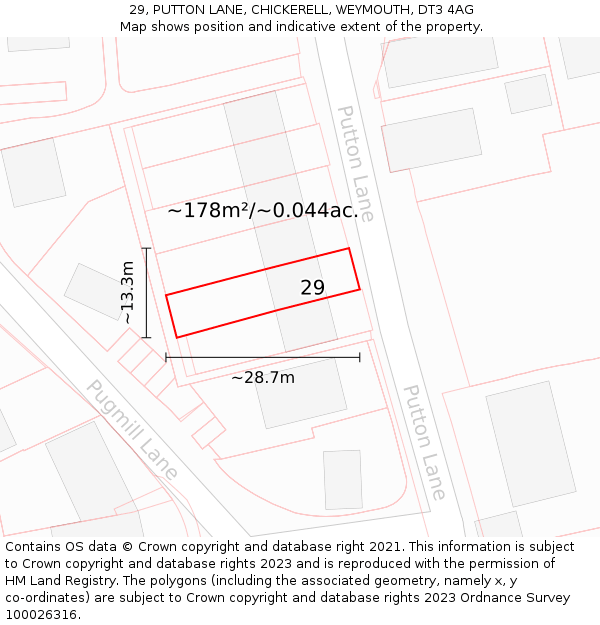 29, PUTTON LANE, CHICKERELL, WEYMOUTH, DT3 4AG: Plot and title map