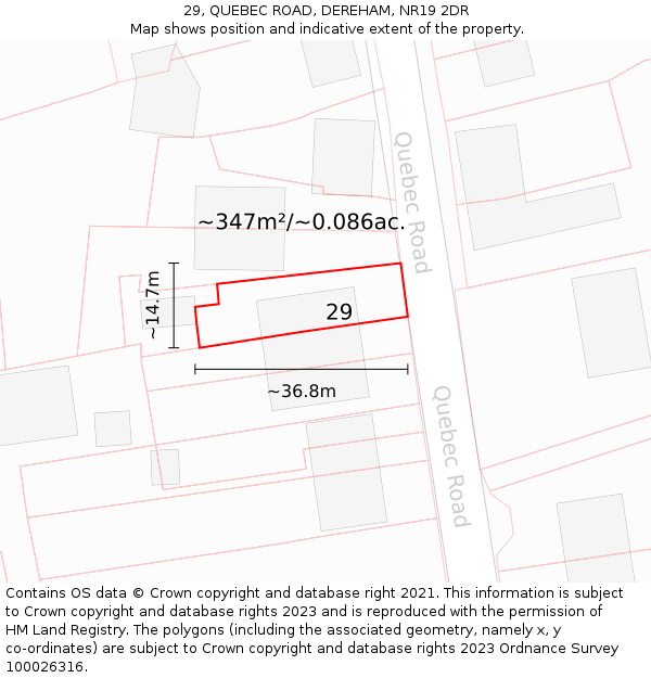 29, QUEBEC ROAD, DEREHAM, NR19 2DR: Plot and title map