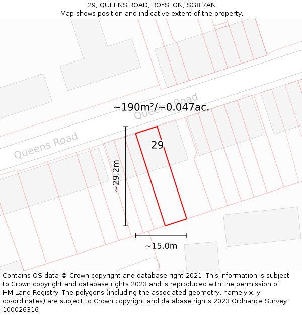 29, QUEENS ROAD, ROYSTON, SG8 7AN: Plot and title map