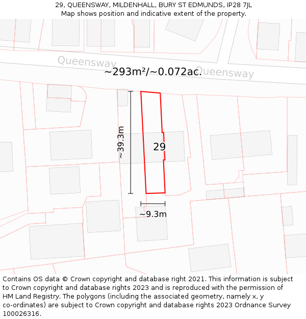 29, QUEENSWAY, MILDENHALL, BURY ST EDMUNDS, IP28 7JL: Plot and title map