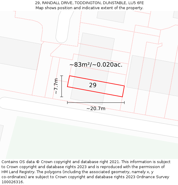 29, RANDALL DRIVE, TODDINGTON, DUNSTABLE, LU5 6FE: Plot and title map