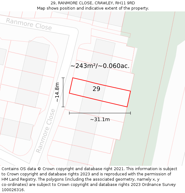 29, RANMORE CLOSE, CRAWLEY, RH11 9RD: Plot and title map