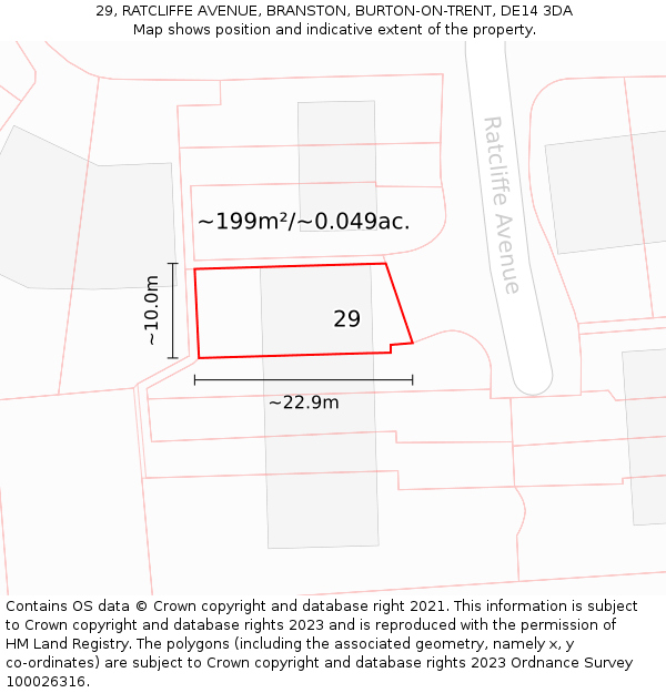 29, RATCLIFFE AVENUE, BRANSTON, BURTON-ON-TRENT, DE14 3DA: Plot and title map