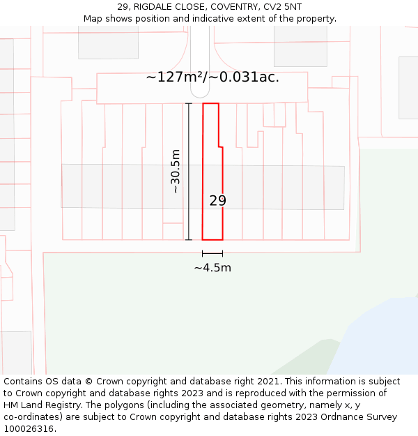 29, RIGDALE CLOSE, COVENTRY, CV2 5NT: Plot and title map