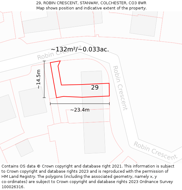29, ROBIN CRESCENT, STANWAY, COLCHESTER, CO3 8WR: Plot and title map