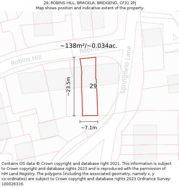 29, ROBINS HILL, BRACKLA, BRIDGEND, CF31 2PJ: Plot and title map