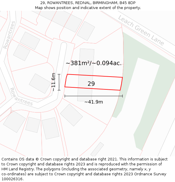 29, ROWANTREES, REDNAL, BIRMINGHAM, B45 8DP: Plot and title map