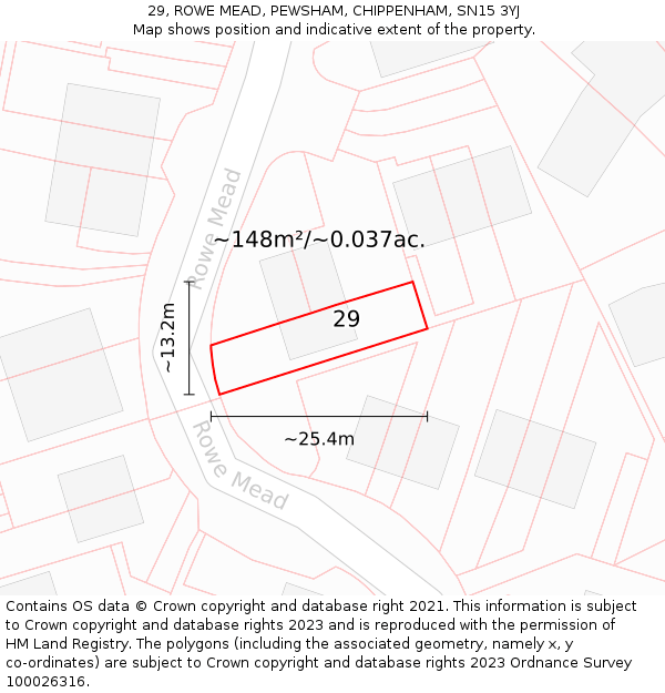 29, ROWE MEAD, PEWSHAM, CHIPPENHAM, SN15 3YJ: Plot and title map