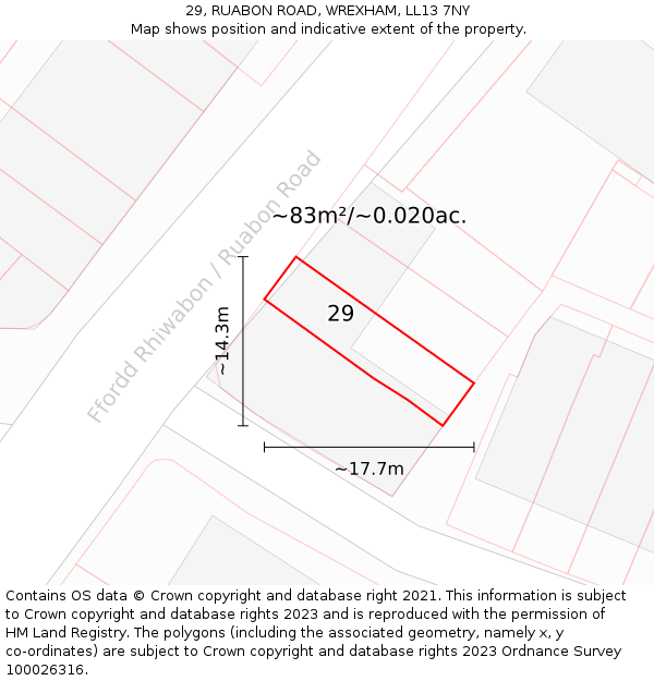 29, RUABON ROAD, WREXHAM, LL13 7NY: Plot and title map