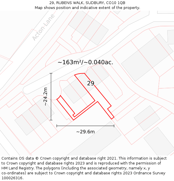29, RUBENS WALK, SUDBURY, CO10 1QB: Plot and title map