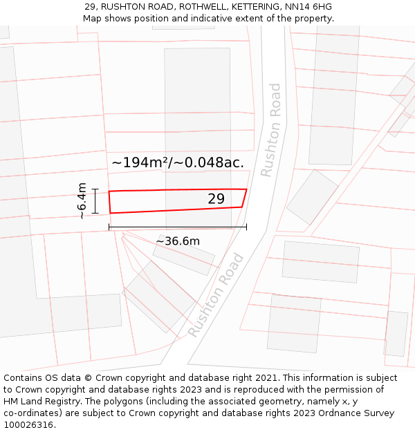 29, RUSHTON ROAD, ROTHWELL, KETTERING, NN14 6HG: Plot and title map