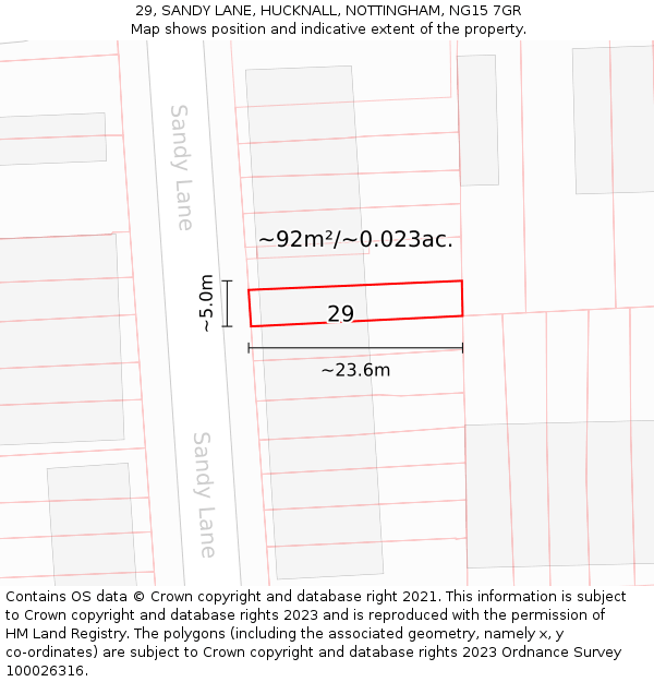 29, SANDY LANE, HUCKNALL, NOTTINGHAM, NG15 7GR: Plot and title map
