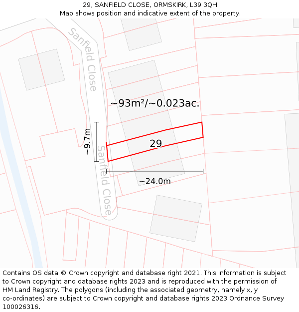 29, SANFIELD CLOSE, ORMSKIRK, L39 3QH: Plot and title map