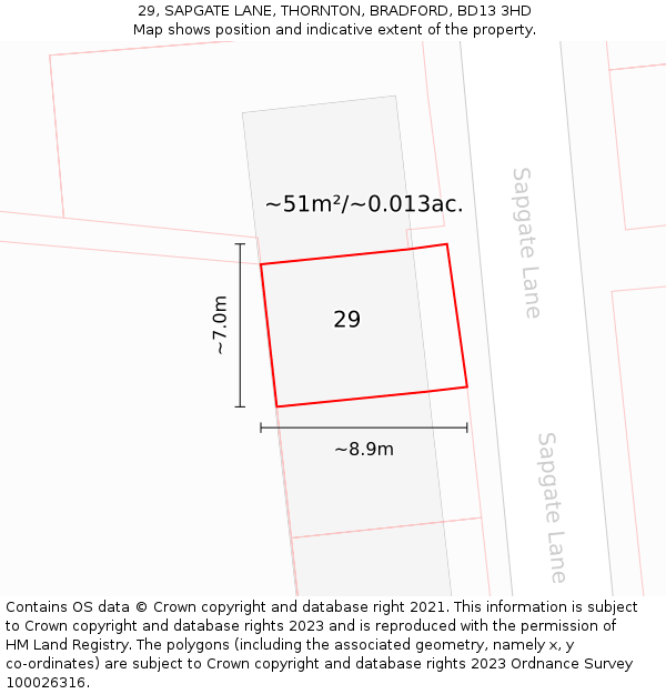 29, SAPGATE LANE, THORNTON, BRADFORD, BD13 3HD: Plot and title map