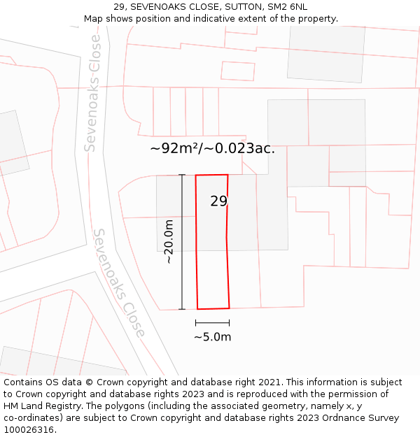 29, SEVENOAKS CLOSE, SUTTON, SM2 6NL: Plot and title map